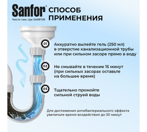 Средство для прочистки канализационных труб на кухне 1 кг, SANFOR гель, 10742