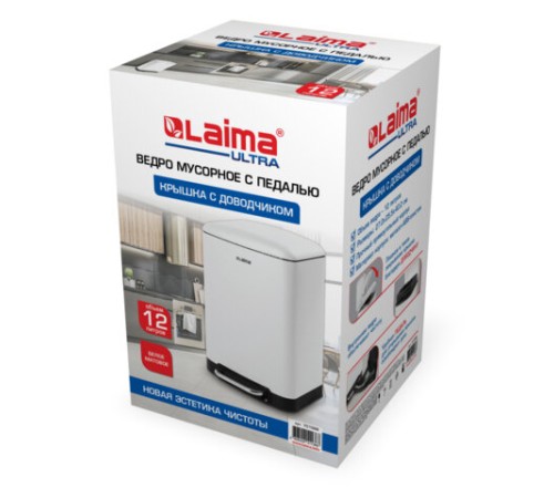 Ведро мусорное с педалью 12 л, крышка с доводчиком, белое матовое, металл, LAIMA ULTRA, 701566