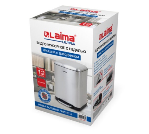 Ведро мусорное с педалью 12 л, крышка с доводчиком, стальное, БЕЗ ОТПЕЧАТКОВ, LAIMA ULTRA, 701568