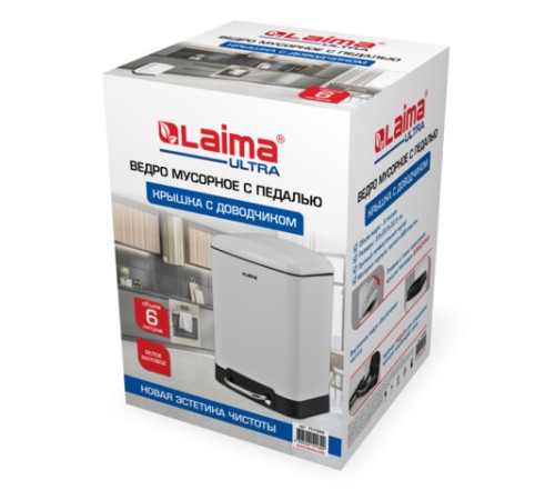 Ведро мусорное с педалью 6 л, крышка с доводчиком, белое матовое, металл, LAIMA ULTRA, 701569