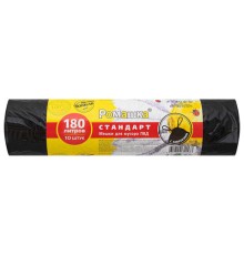 Мешки для мусора с завязками 180 л, черные в рулоне 10 шт., ПВД 30 мкм, 90х110 см, РОМАШКА, ЗВС-180/10/12/Ч