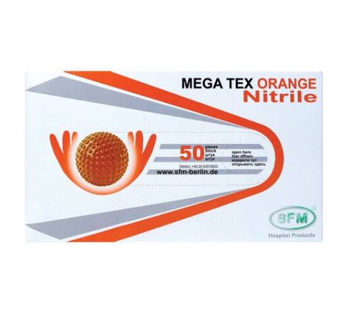Перчатки нитриловые сверхпрочные с текстурой SFM MEGA TEX ORANGE, Германия, 25 пар (50 штук), размер M (средний), 4036534913208