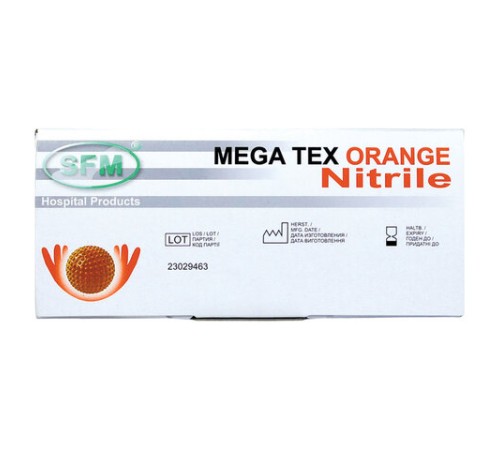 Перчатки нитриловые сверхпрочные с текстурой SFM MEGA TEX ORANGE, Германия, 25 пар (50 штук), размер M (средний), 4036534913208