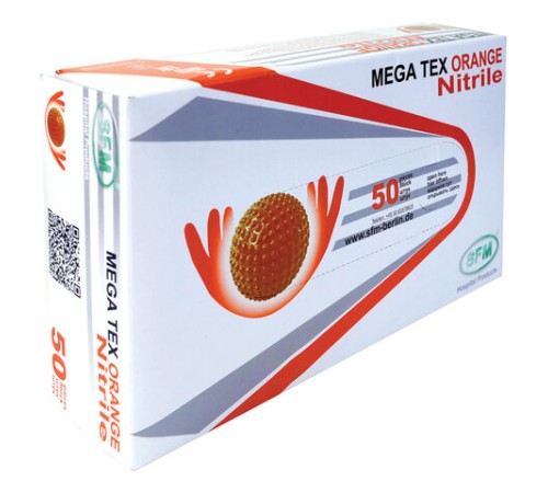 Перчатки нитриловые сверхпрочные с текстурой SFM MEGA TEX ORANGE, Германия, 25 пар (50 штук), размер L (большой), 4036534914205