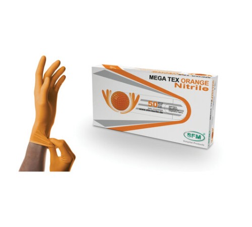 Перчатки нитриловые сверхпрочные с текстурой SFM MEGA TEX ORANGE, Германия, 25 пар (50 штук), размер XL (очень большой), 4036534915202