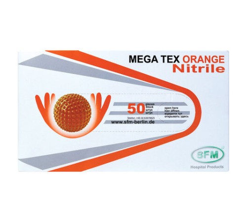 Перчатки нитриловые сверхпрочные с текстурой SFM MEGA TEX ORANGE, Германия, 25 пар (50 штук), размер XL (очень большой), 4036534915202