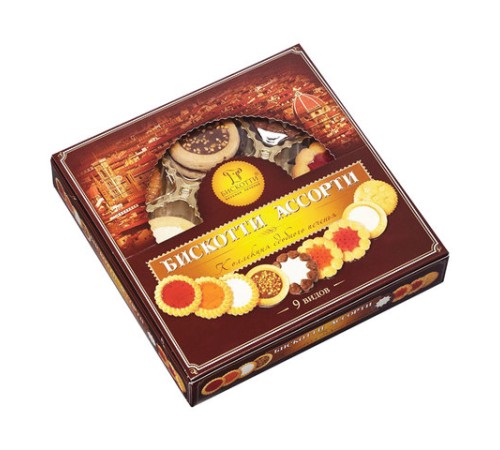 Печенье БИСКОТТИ (Россия), ассорти 9 видов, сдобное, 345 г, картонная коробка