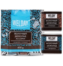 Шоколад порционный с фундуком и печеньем WELDAY (ВЭЛДЭЙ), молочный 27%, 400 г (80 плиток по 5 г), 622408