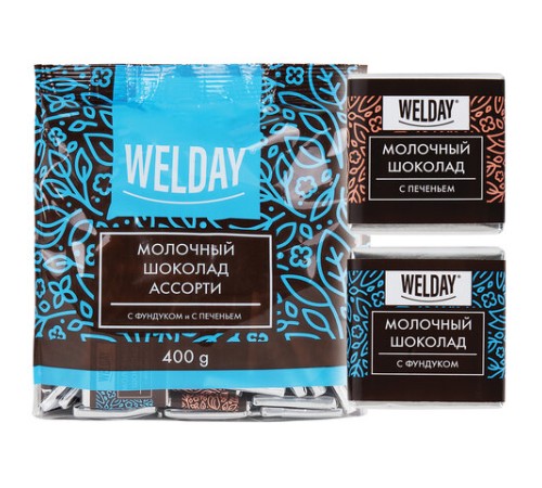Шоколад порционный с фундуком и печеньем WELDAY (ВЭЛДЭЙ), молочный 27%, 400 г (80 плиток по 5 г), 622408