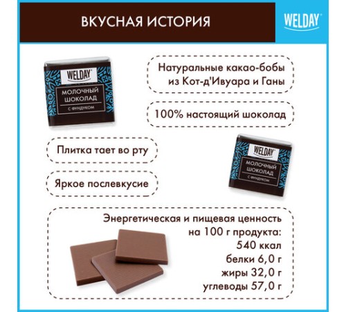 Шоколад порционный с фундуком и печеньем WELDAY (ВЭЛДЭЙ), молочный 27%, 400 г (80 плиток по 5 г), 622408