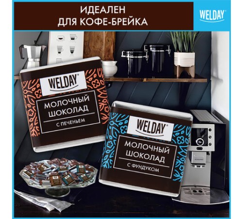 Шоколад порционный с фундуком и печеньем WELDAY (ВЭЛДЭЙ), молочный 27%, 400 г (80 плиток по 5 г), 622408