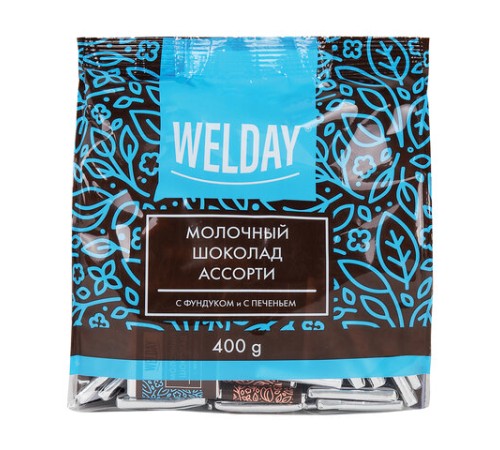 Шоколад порционный с фундуком и печеньем WELDAY (ВЭЛДЭЙ), молочный 27%, 400 г (80 плиток по 5 г), 622408