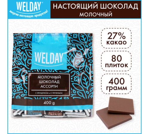 Шоколад порционный с фундуком и печеньем WELDAY (ВЭЛДЭЙ), молочный 27%, 400 г (80 плиток по 5 г), 622408