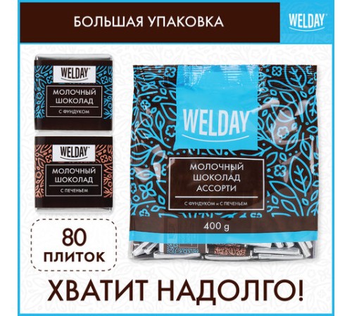 Шоколад порционный с фундуком и печеньем WELDAY (ВЭЛДЭЙ), молочный 27%, 400 г (80 плиток по 5 г), 622408