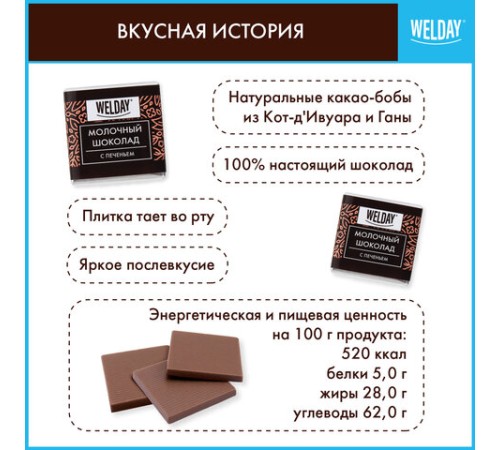 Шоколад порционный с фундуком и печеньем WELDAY (ВЭЛДЭЙ), молочный 27%, 400 г (80 плиток по 5 г), 622408