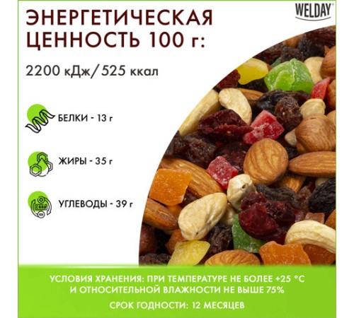 Ореховая смесь сушеная WELDAY (ВЭЛДЭЙ), фундук, миндаль, кешью, цукаты, изюм, клюква 1 кг, 622478