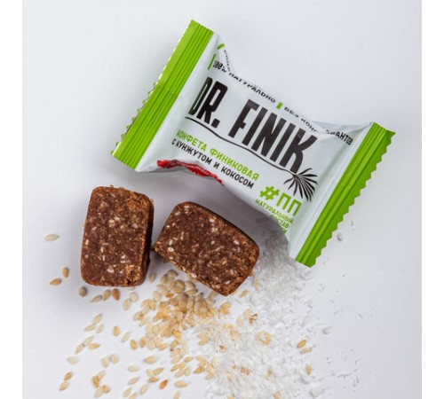 Конфеты финиковые DR.FINIK с кокосом и кунжутом, без сахара, 450 г, картонная коробка