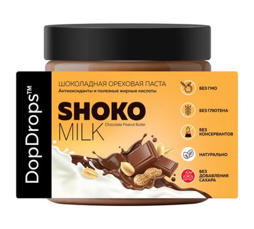 Паста шоколадная DOPDROPS, с арахисом и молочным шоколадом, 500 г, пластиковая банка, DOPD-SH50-PEAN