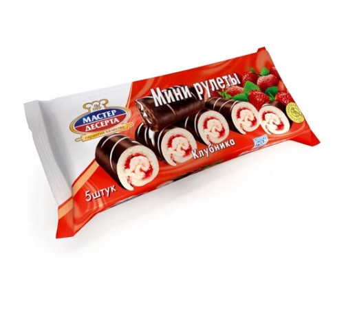Мини-рулеты МАСТЕР ДЕСЕРТА глазированные с клубничной начинкой, 175 г, 8114