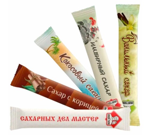 Сахар порционный, микс вкусов в стиках (ваниль, имбирь, кокос, корица, белый), 1 кг