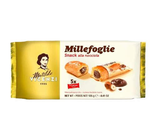 Печенье слоеное MATILDE VICENZI, трубочки с начинкой из фундука, 125 г, ИТАЛИЯ