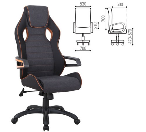 Кресло компьютерное BRABIX "Techno Pro GM-003", ткань, черное/серое, вставки оранжевые, 531813