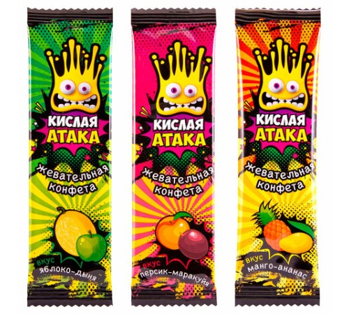 Конфета жевательная КИСЛАЯ АТАКА ассорти 3 вкусов, 11 г, KA-10-1