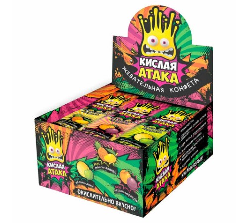 Конфета жевательная КИСЛАЯ АТАКА ассорти 3 вкусов, 11 г, KA-10-1