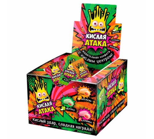 Конфета жевательная КИСЛАЯ АТАКА с кислым центром, ассорти 3 вкусов, 4,5 г, KA-1-1