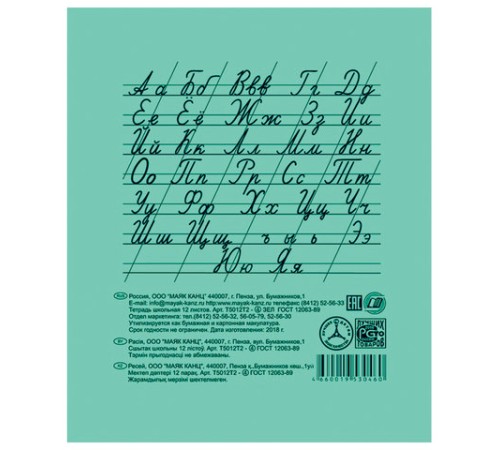 Тетрадь ЗЕЛЁНАЯ обложка 12 л., косая линия с полями, офсет, 