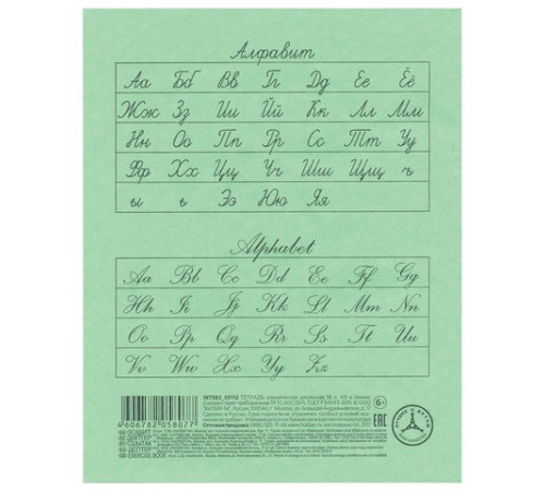 Тетрадь ЗЕЛЁНАЯ обложка 18 л., линия с полями, офсет, 