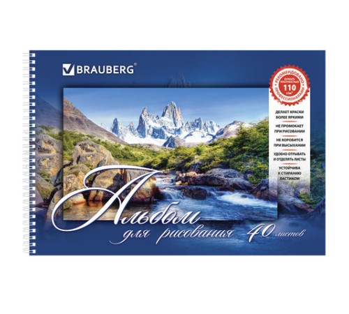 Альбом для рисования, А4, 40 листов, гребень, обложка картон, BRAUBERG, 195х285 мм, 