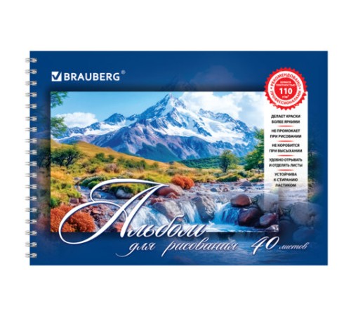 Альбом для рисования, А4, 40 листов, гребень, обложка картон, BRAUBERG, 195х285 мм, 