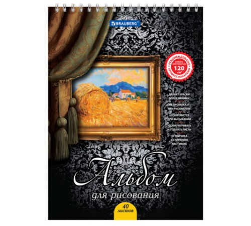 Альбом для рисования, А4, 40 листов, гребень, выборочный лак, подложка, 120 г/м2, BRAUBERG, 205х290 мм, 
