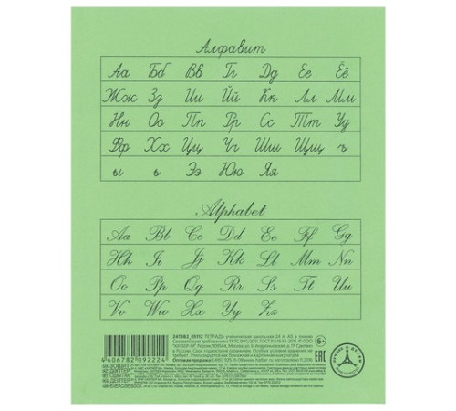 Тетрадь ЗЕЛЁНАЯ обложка 24 л., линия с полями, офсет, 