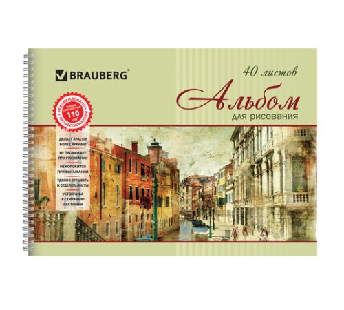 Альбом для рисования, А4, 40 листов, гребень, обложка картон, BRAUBERG, 195х285 мм, 