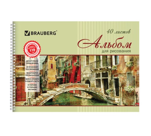 Альбом для рисования, А4, 40 листов, гребень, обложка картон, BRAUBERG, 195х285 мм, 