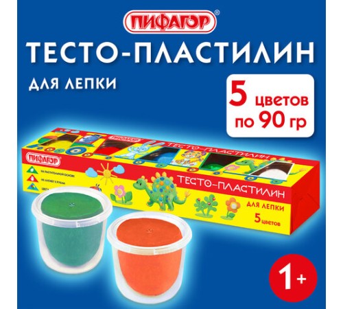 Пластилин на растительной основе (тесто для лепки) ПИФАГОР, 5 цветов, 450 г, картонный рукав, 104438