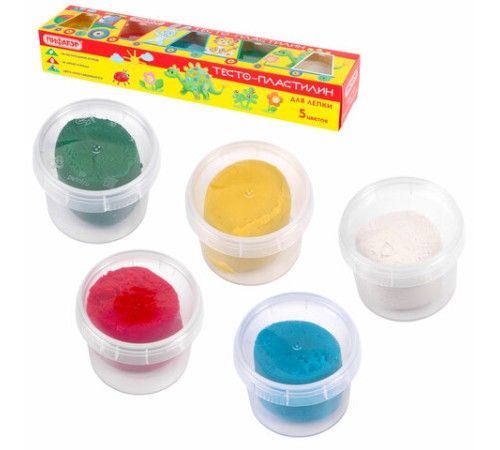 Пластилин на растительной основе (тесто для лепки) ПИФАГОР, 5 цветов, 450 г, картонный рукав, 104438