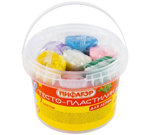 Пластилин на растительной основе (тесто для лепки) ПИФАГОР, 7 цветов, 420 г, пластиковое ведро, 104545