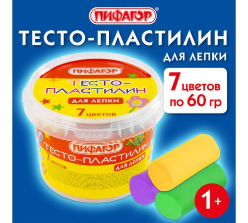 Пластилин на растительной основе (тесто для лепки) ПИФАГОР, 7 цветов, 420 г, пластиковое ведро, 104545