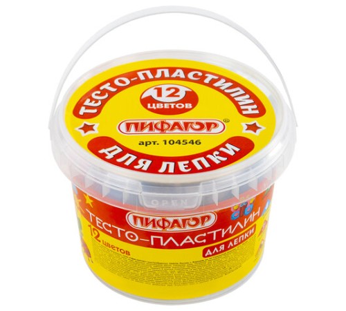 Пластилин на растительной основе (тесто для лепки) ПИФАГОР, 12 цветов, 360 г, пластиковое ведро, 104546