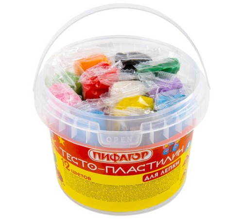 Пластилин на растительной основе (тесто для лепки) ПИФАГОР, 12 цветов, 360 г, пластиковое ведро, 104546