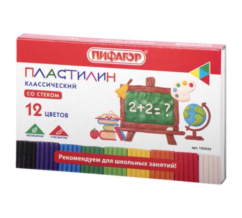 Пластилин классический ПИФАГОР ШКОЛЬНЫЙ, 12 цветов, 180 г, со стеком, 105434