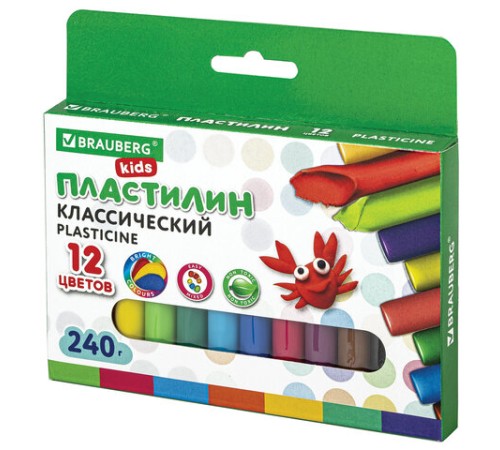 Пластилин классический BRAUBERG KIDS, 12 цветов, 240 г, ВЫСШЕЕ КАЧЕСТВО, 105873