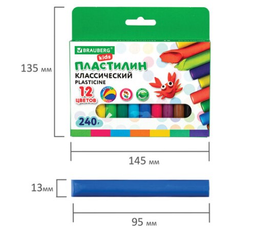 Пластилин классический BRAUBERG KIDS, 12 цветов, 240 г, ВЫСШЕЕ КАЧЕСТВО, 105873