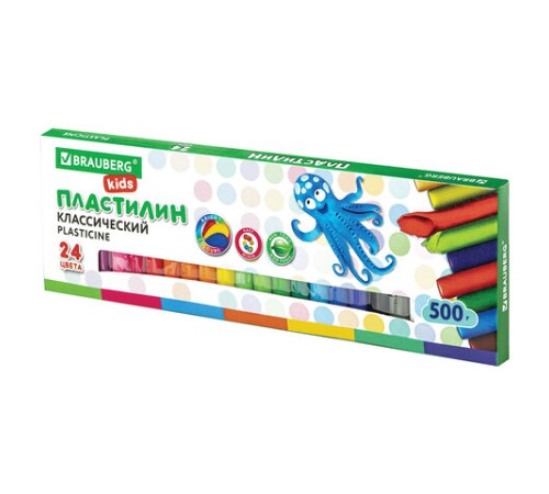 Пластилин классический BRAUBERG KIDS, 24 цвета, 500 г, ВЫСШЕЕ КАЧЕСТВО, 105874