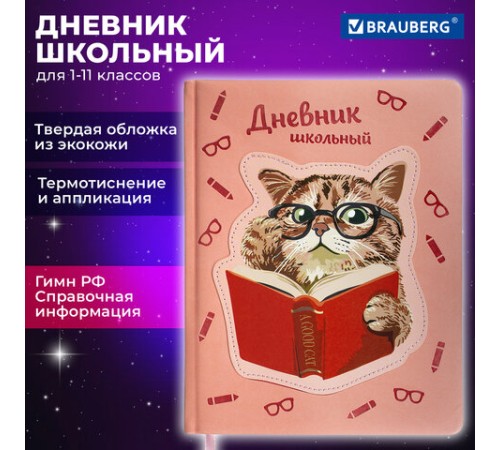 Дневник 1-11 класс 48 л., кожзам (твердая с поролоном), тиснение, аппликация, BRAUBERG, 