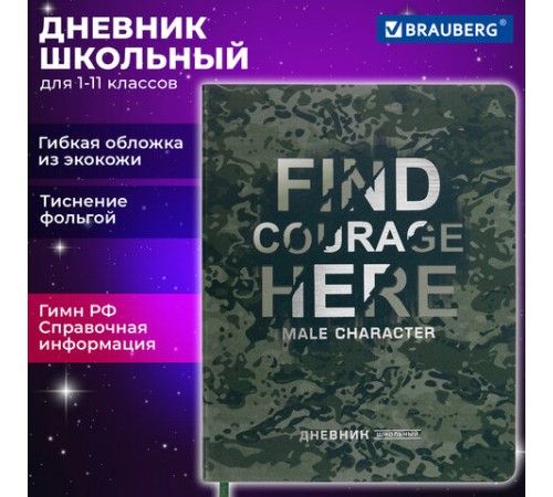 Дневник 1-11 класс 48 л., кожзам (гибкая), печать, фольга, BRAUBERG, 