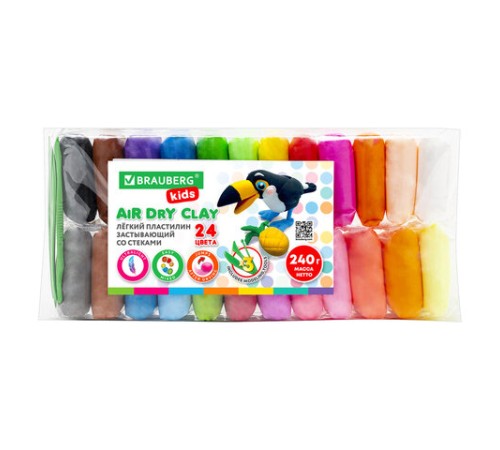 Пластилин супер лёгкий воздушный застывающий 24 цвета, 240 г, 3 стека, BRAUBERG KIDS, 106307